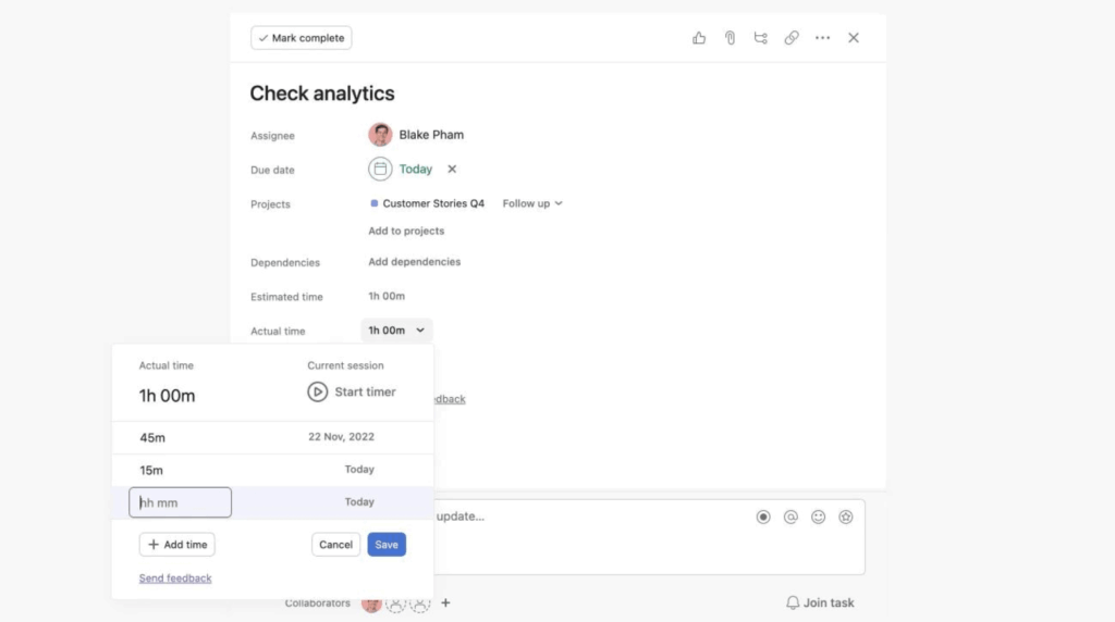A project management interface showing a task titled Check analytics assigned to a user, with a dropdown menu open to set the actual time spent on the task, currently set to 1h 00m.