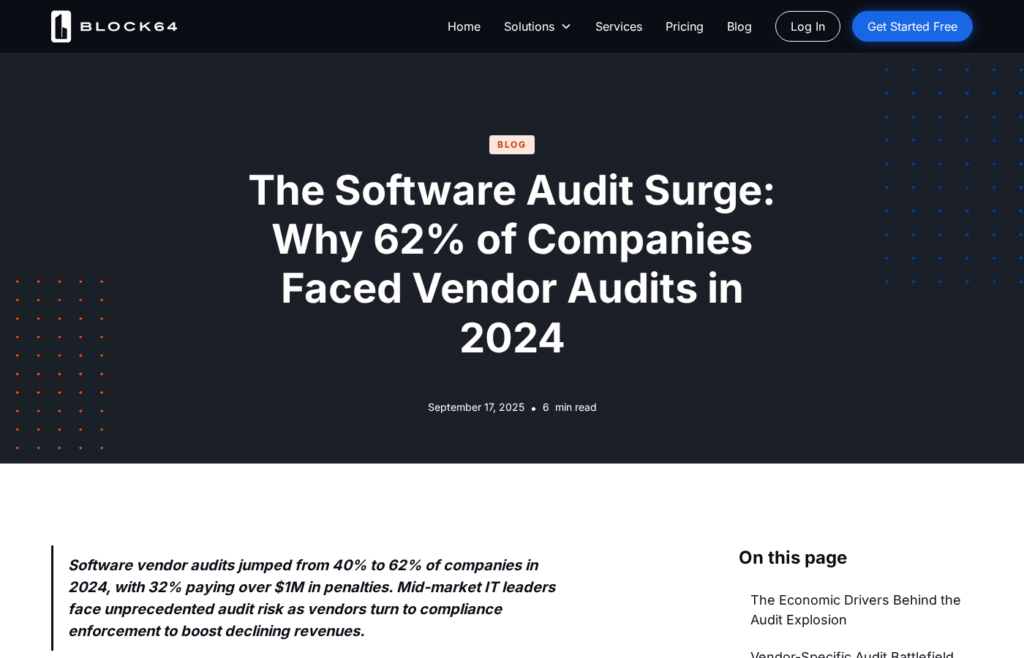 Website header with the title The Software Audit Surge: Why 62% of Companies Faced Vendor Audits in 2024 and a summary about increased software vendor audits and risks, with a black background and minimalist design.