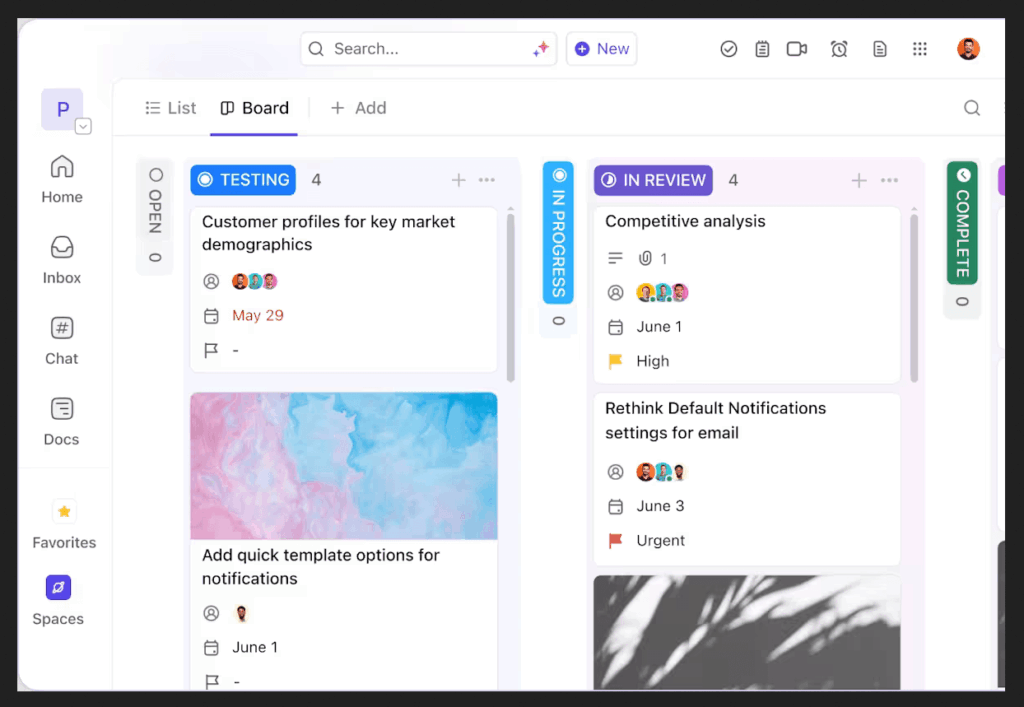 A digital project management board with columns labeled TESTING, IN PROGRESS, IN REVIEW, and COMPLETE, showing task cards with titles, due dates, priorities, and colorful abstract images.