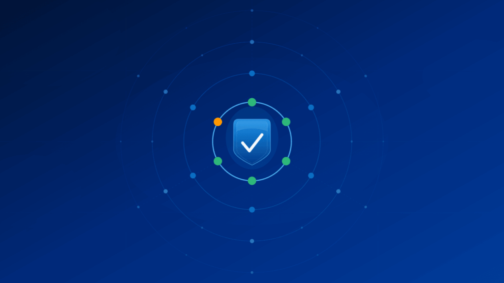 A blue shield with a white checkmark is centered on a blue background with circular, dotted lines and green and orange dots, symbolizing cybersecurity or protection.