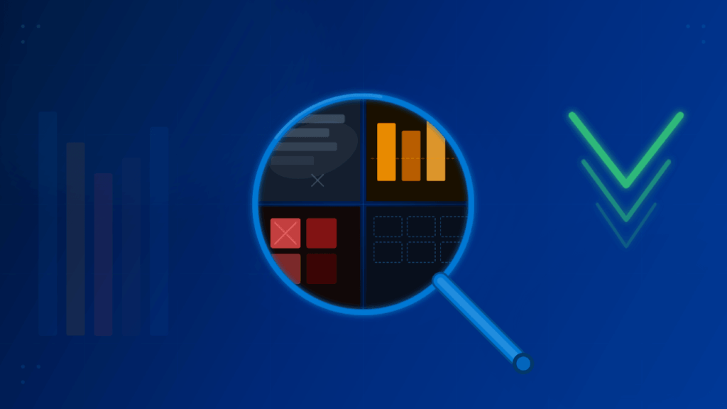 A blue magnifying glass displays four icons inside: a chat bubble, a bar graph, a red X with squares, and empty rectangles, all on a dark blue background with faded chart elements.