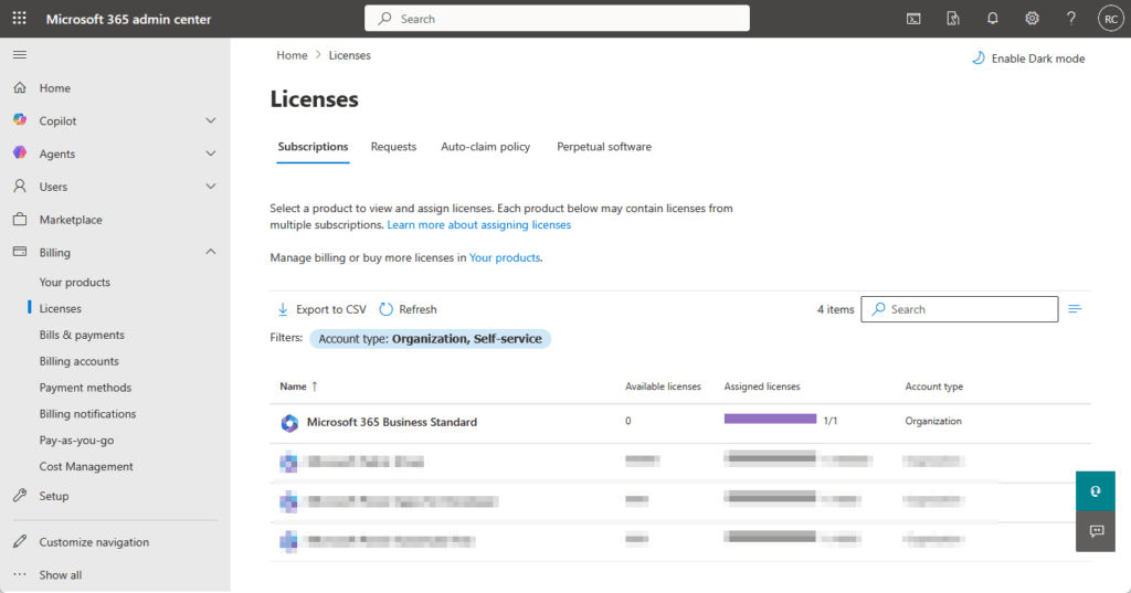 The Microsoft 365 admin center Licenses page displays license subscriptions, types, available and assigned licenses, and organization details. Menu options are shown on the left, with filters and a search bar at the top right.