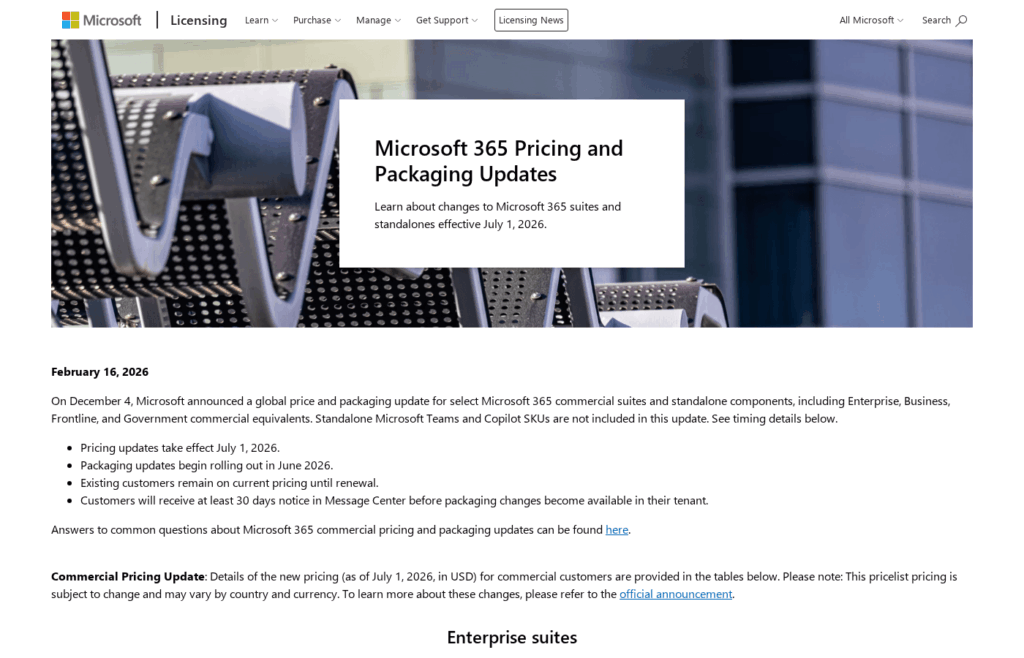 Screenshot of a Microsoft web page titled Microsoft 365 Pricing and Packaging Updates, detailing price and product changes for Microsoft 365 suites and standalone products, effective July 1, 2026. The header shows the Microsoft logo and navigation menu.