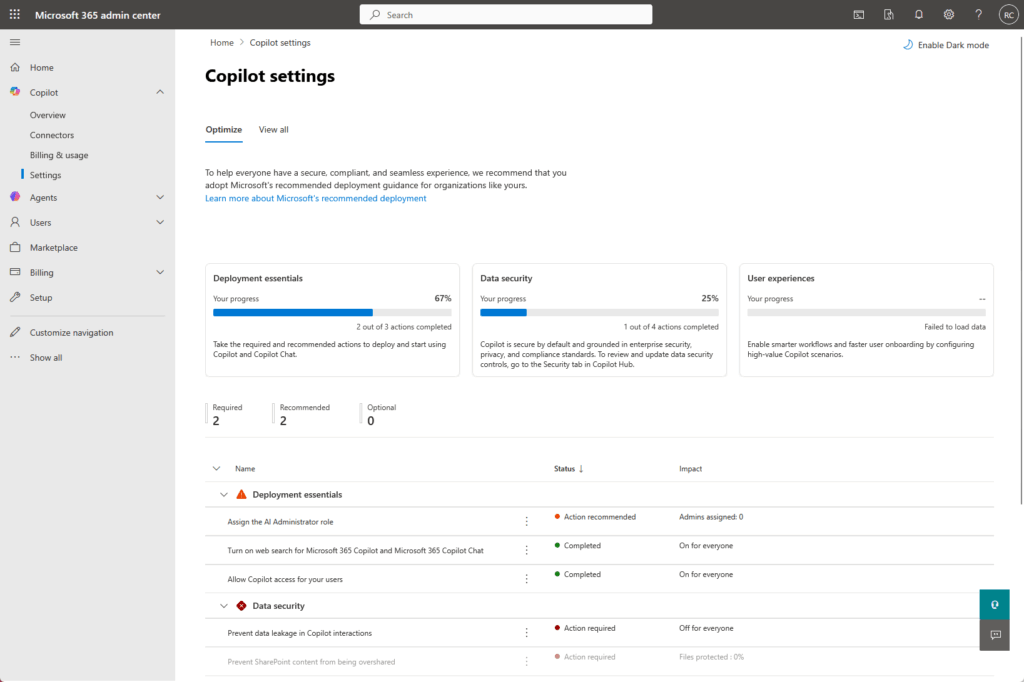 Screenshot of the Microsoft 365 admin centers Copilot settings page, showing deployment progress, data security, and user experience status, with a checklist of essential setup steps and their completion status.