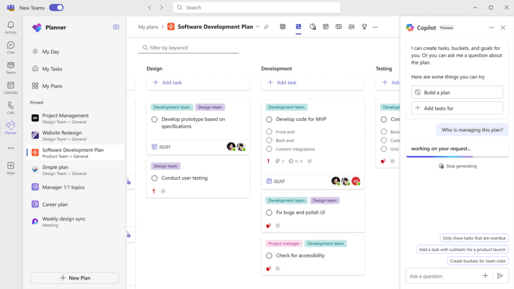 A Microsoft Teams Planner board for a software development plan, showing columns for Design, Development, and Testing, each with task cards, assignees, labels, checklists, and progress indicators.