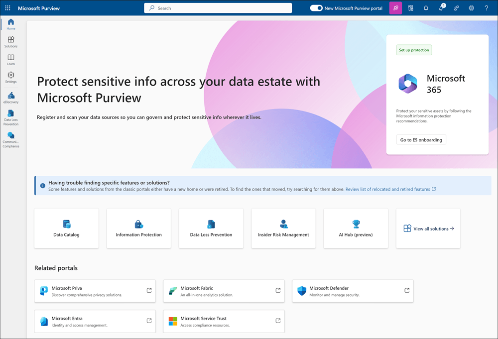 Screenshot of the Microsoft Purview portal homepage, featuring a welcome message, various navigation cards (Data Catalog, Data Loss Prevention, etc.), and a sidebar with related portals like Microsoft Priva and Microsoft Entra.