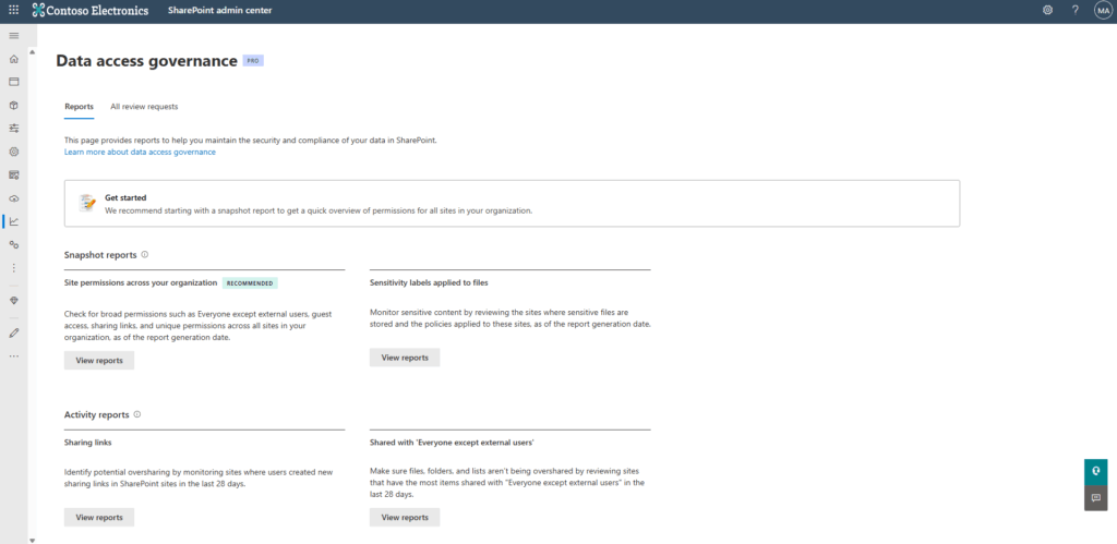 Screenshot of the SharePoint admin center showing the Data access governance page. It displays reports and insights on site permissions, sensitivity labels, activity reports, and a Get started section for setting up permissions.