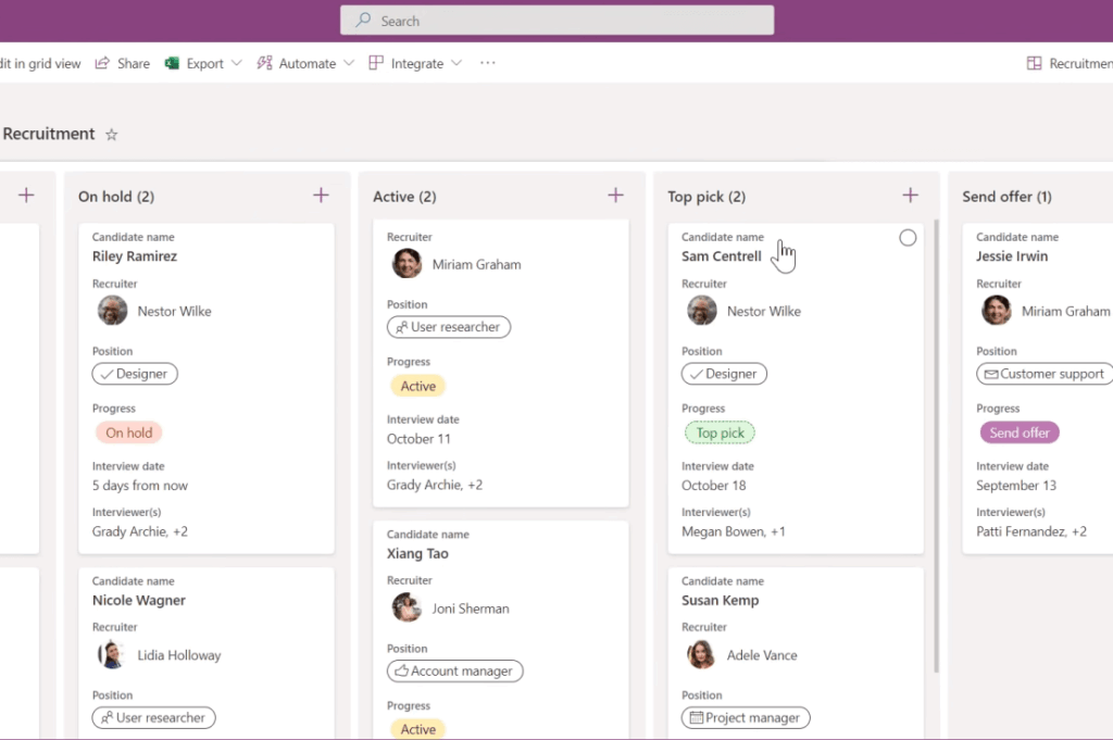 A recruitment dashboard with columns titled On hold, Active, Top pick, and Send offer. Each column lists candidates names, positions, progress, and small profile pictures under each stage.