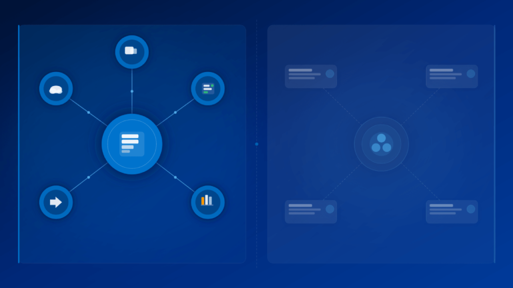 A blue diagram shows a central circle with five connected icons: a folder, chat bubble, arrow, bar chart, and sliders. The right side has faded shapes and lines, indicating a comparison or process flow.