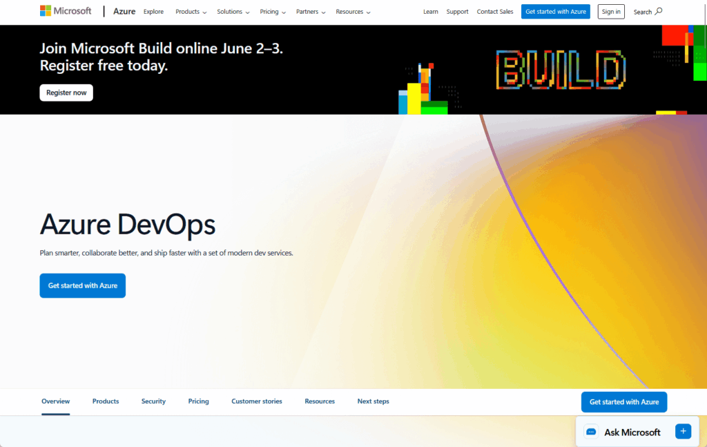 Screenshot of the Azure DevOps webpage. A banner at the top advertises the Microsoft Build online event, and the main section has “Azure DevOps” with a description and blue ‘Get started with Azure’ button. Navigation menus are at the top and bottom.
