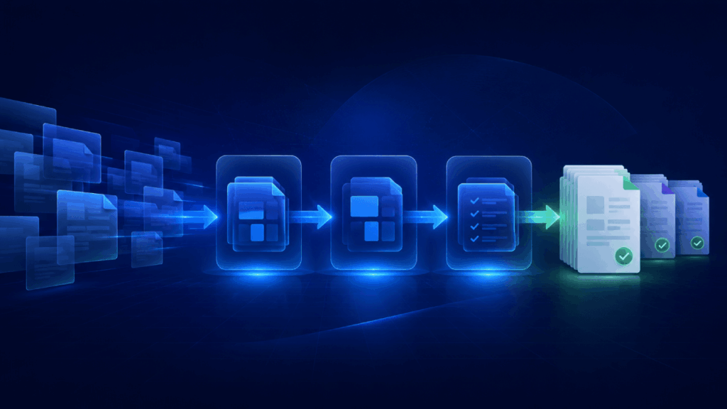 A digital illustration shows a workflow of documents moving through stages, represented by icons and blue arrows, leading to organized and verified files with green check marks on a dark blue background.