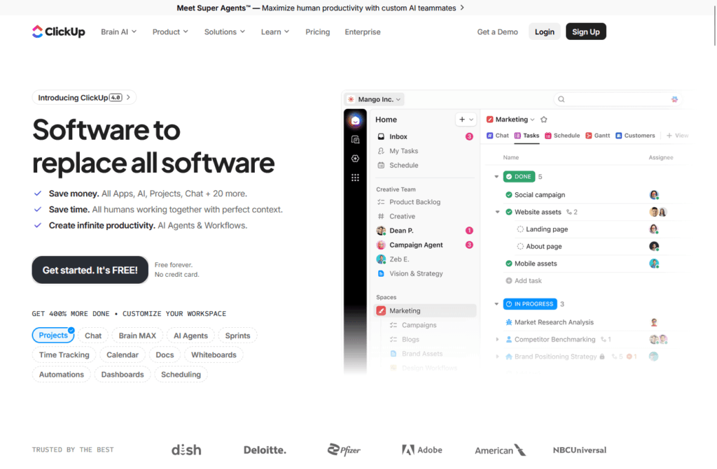 Screenshot of ClickUps homepage showing a headline Software to replace all software, a call-to-action button, a sidebar menu, and a preview of the ClickUp workspace with task lists and project management features.