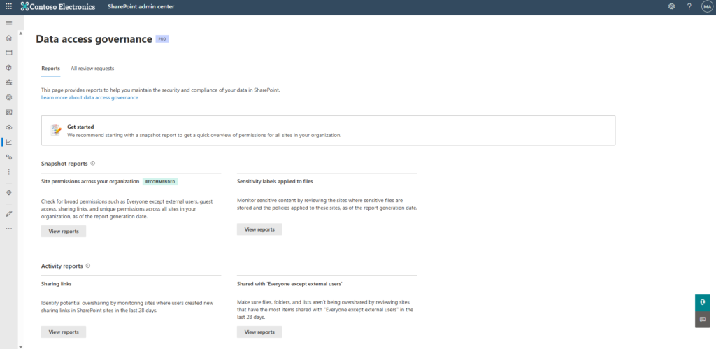 Screenshot of the Data access governance page in the SharePoint admin center. Sections include Get started, Snapshot reports, and Activity reports, with options to view reports and descriptions under each section.