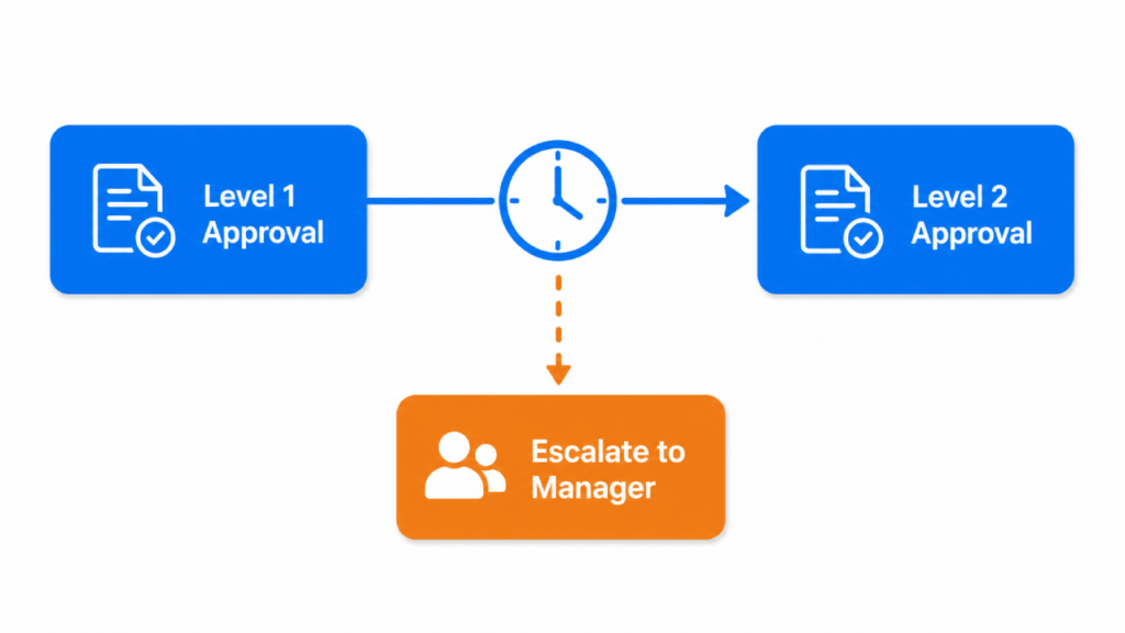 Flowchart showing Level 1 Approval leading to Level 2 Approval via a clock icon, with a dotted arrow downward to Escalate to Manager if needed.