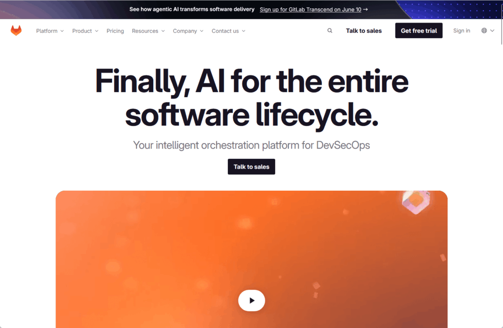 Screenshot of a website homepage with the headline Finally, AI for the entire software lifecycle. Subheadline reads Your intelligent orchestration platform for DevSecOps. Buttons for Talk to sales and Get free trial are visible.