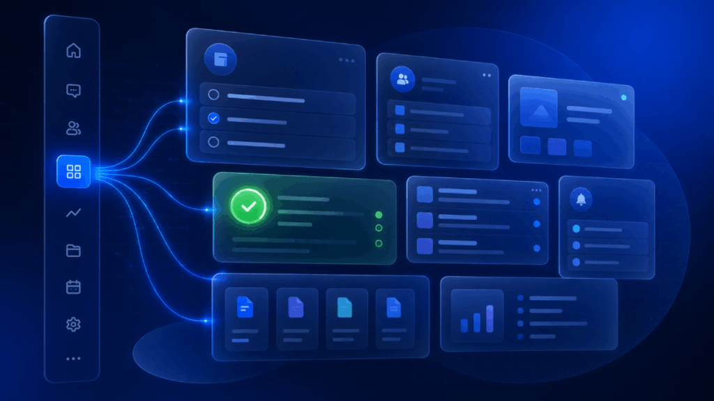 A futuristic digital dashboard interface with glowing blue and green panels showing graphs, checklists, folders, and icons, connected by blue lines on a dark blue background.