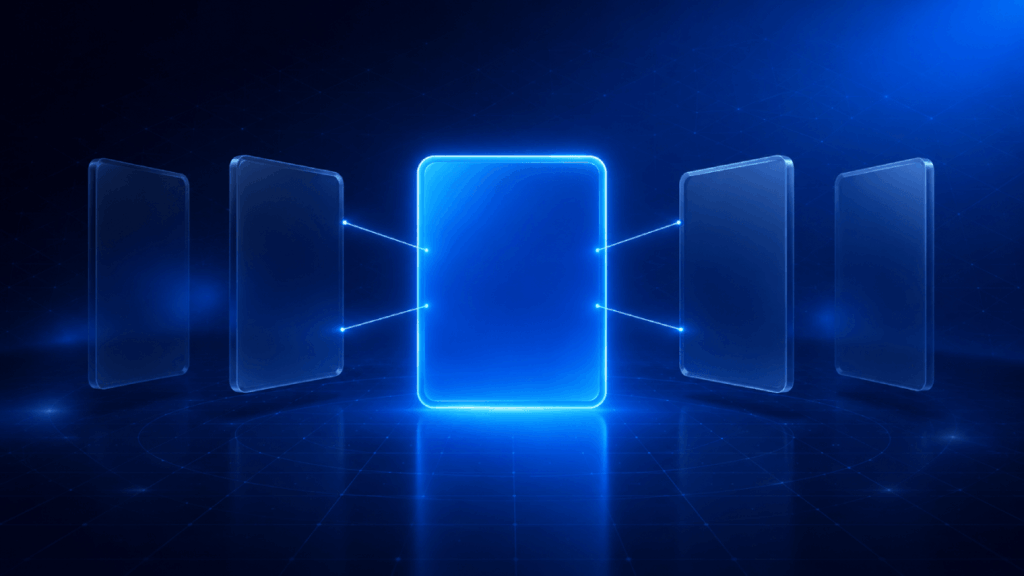 A glowing blue card stands in the center, surrounded by four translucent cards in a digital, futuristic setting with a dark blue background and light grid lines.