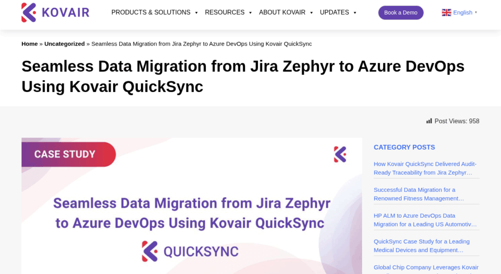 Screenshot of a Kovair web page featuring a case study titled Seamless Data Migration from Jira Zephyr to Azure DevOps Using Kovair QuickSync, with a sidebar listing related posts and a view count of 958.
