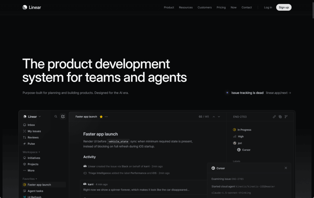 Screenshot of Linears dark-themed interface showing a dashboard for product development with navigation on the left, a main section for Faster app launch, and task details including progress, assignees, and activity updates.