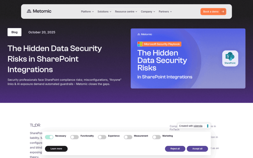 A web page from Metomic titled The Hidden Data Security Risks in SharePoint Integrations displays a summary about SharePoint compliance risks, an event date, and a banner image with blue tones and SharePoint logo.