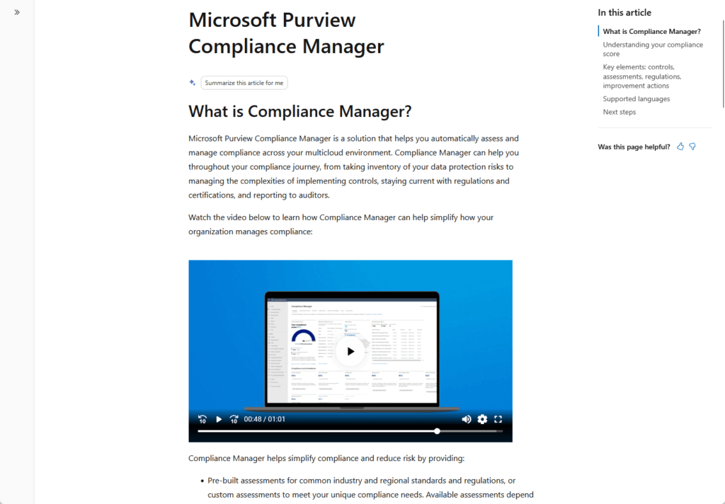 Screenshot of a Microsoft Purview Compliance Manager webpage showing an article titled What is Compliance Manager? with a video thumbnail, navigation menu on the right, and a detailed explanation about the tools features and benefits.