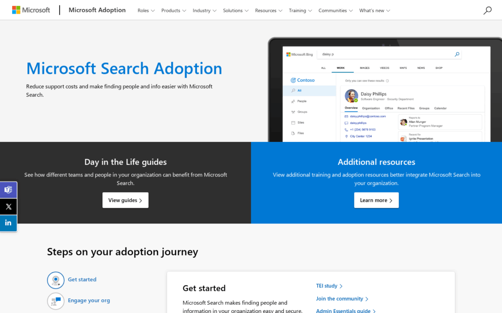 Screenshot of the Microsoft Search Adoption webpage, featuring sections for Day in the Life guides, additional resources, and steps on the adoption journey, with a header and an image of a Microsoft Search interface.