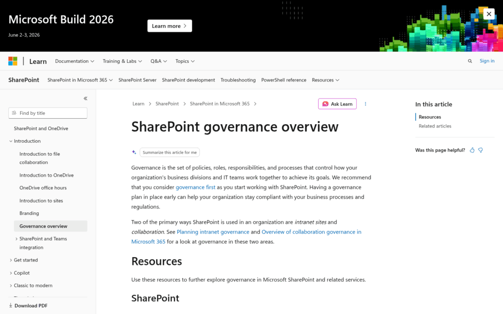 Screenshot of a Microsoft Learn webpage titled SharePoint governance overview, describing governance as a set of policies, roles, and responsibilities for managing SharePoint. The page includes navigation and resource links on the left.