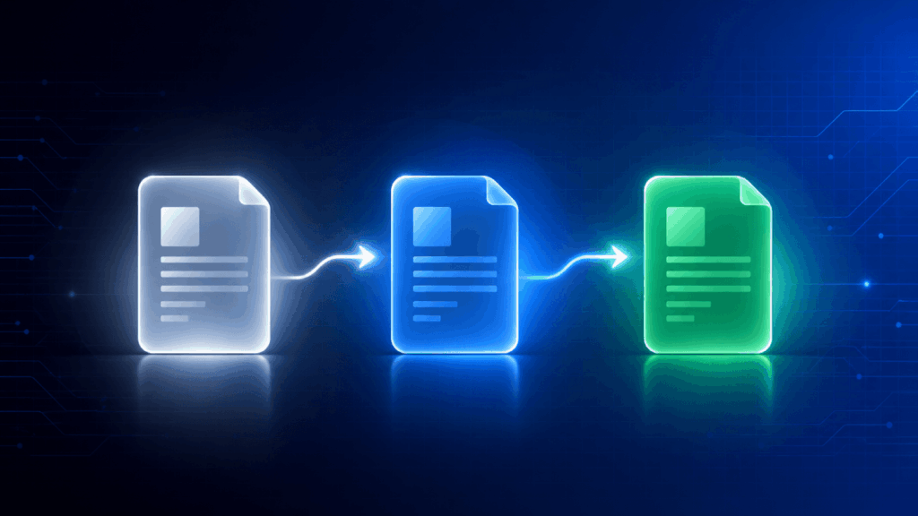 Three digital document icons in a row, glowing white, blue, and green, connected by arrows on a dark blue futuristic background, representing data transfer or document workflow.