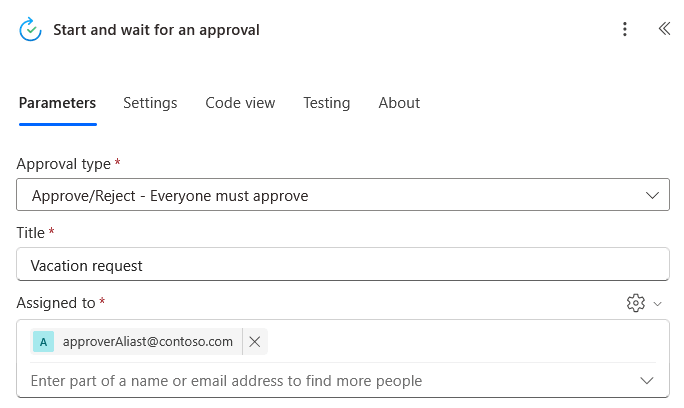 Screenshot of a form titled Start and wait for an approval with fields for Approval type, Title set to Vacation request, and Assigned to approverAlias1@contoso.com. The Parameters tab is selected.