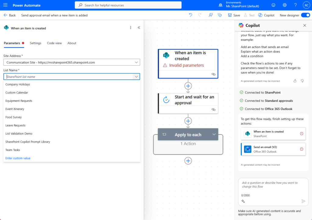Screenshot of a Power Automate workflow for sending approval emails when a SharePoint item is created. The screen shows workflow steps, parameters, and Copilot suggestions on the right side for automating processes.