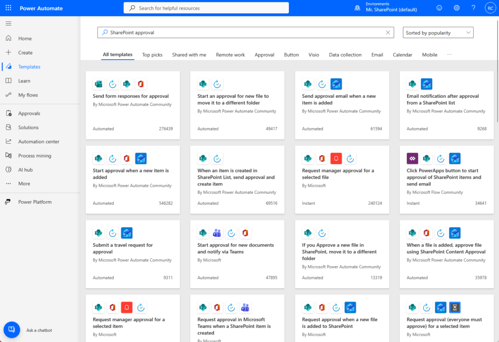 A Microsoft Power Automate dashboard shows template options for SharePoint approvals, with each tile displaying a description, app icons, and the creator. The left sidebar has navigation links, and a search bar appears at the top.