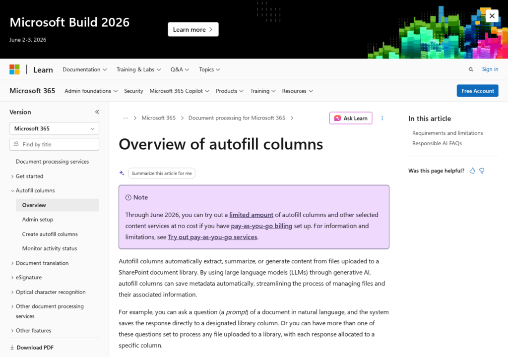Screenshot of a Microsoft Learn page titled Overview of autofill columns for Microsoft 365. A purple notice mentions limited availability of autofill columns until June 2026 and links to Microsoft’s pay-as-you-go services.