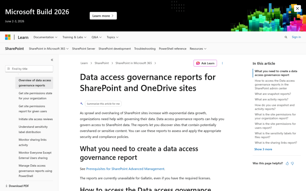 A Microsoft Learn webpage titled Data access governance reports for SharePoint and OneDrive sites, featuring navigation menus, related links, and an article about setting up governance reports for SharePoint and OneDrive.