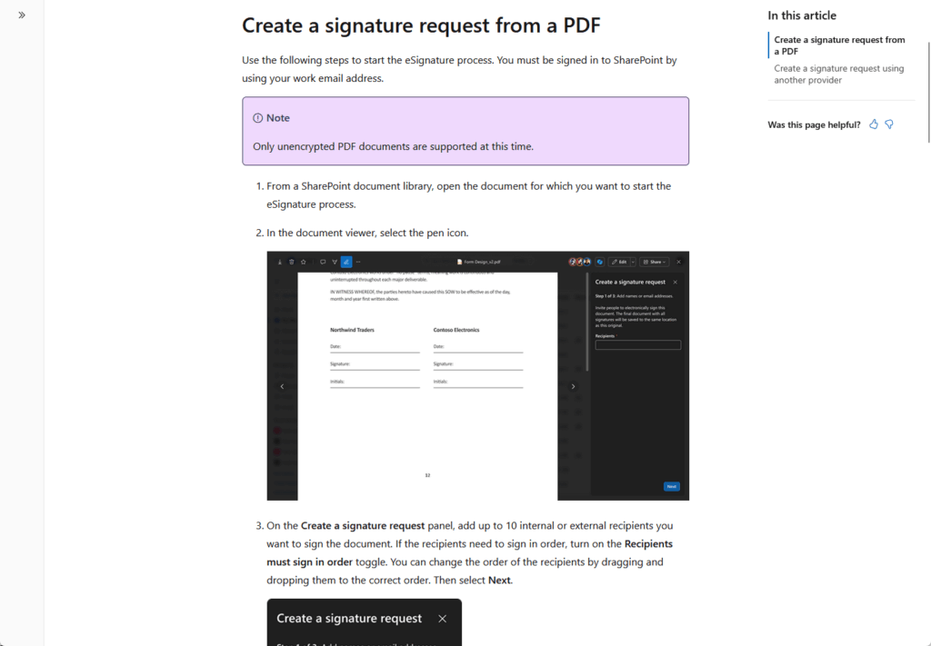 A webpage with instructions for creating a signature request from a PDF in SharePoint. A highlighted note explains only unencrypted PDFs are supported. Below, a screenshot shows the signature request panel in a document viewer.