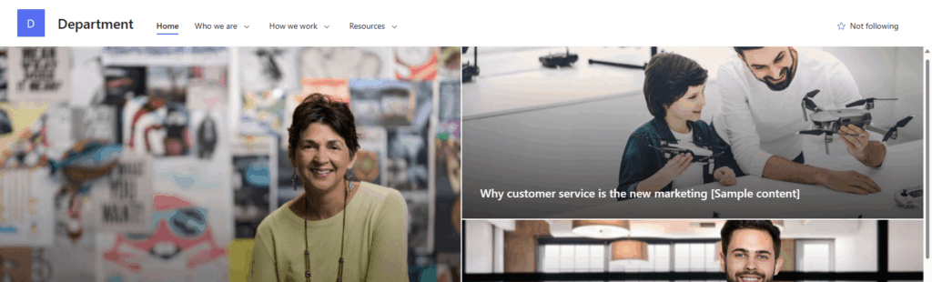 A website homepage with a white header showing navigation links and a blue logo. Below are photos: a smiling woman, a man and child assembling drones, and a man at a desk. Text: Why customer service is the new marketing [Sample content].