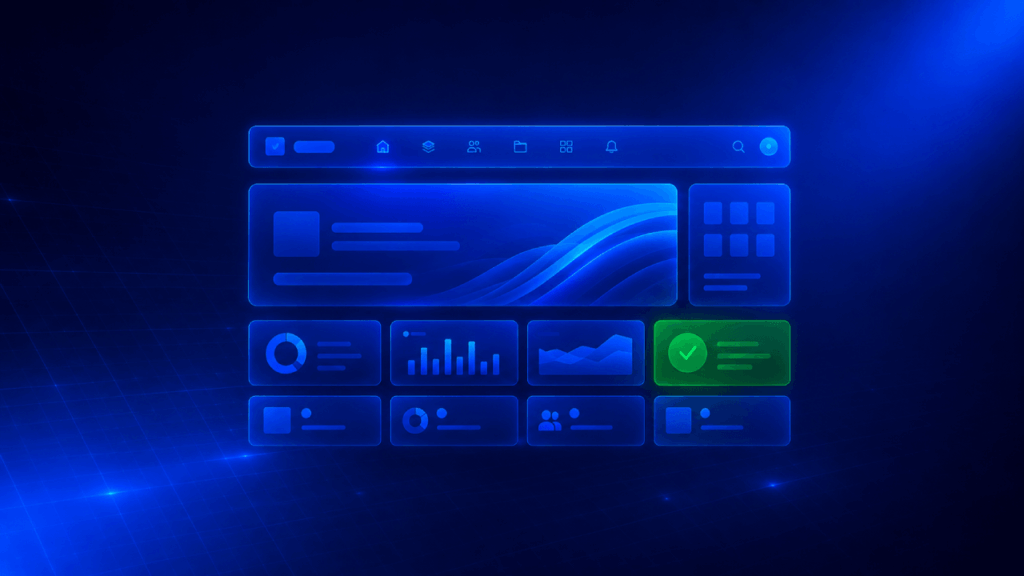 A glowing blue futuristic digital dashboard interface with various graphs, icons, and widgets, including a prominent green checkmark button, set against a dark blue abstract background.