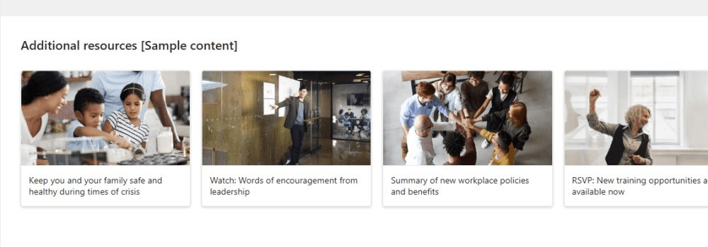 A webpage section titled Additional resources displays four cards with images and titles about family safety, leadership encouragement, workplace policies, and new training opportunities.