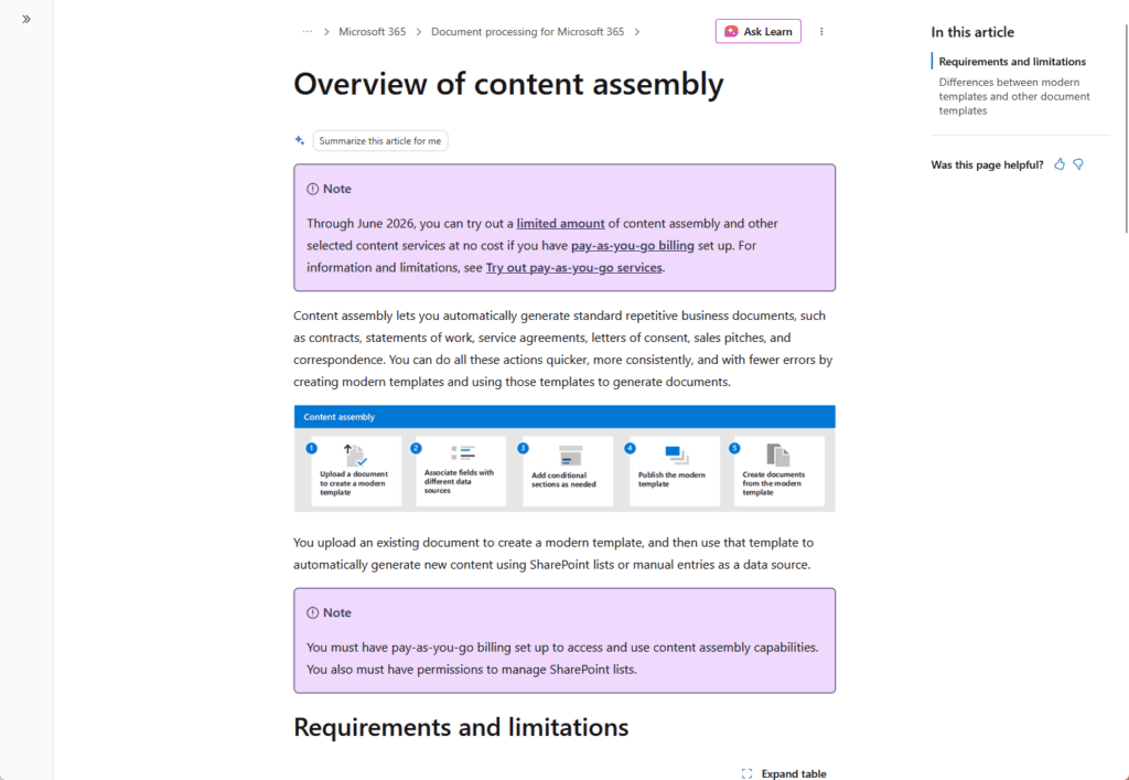 Screenshot of a Microsoft support page titled Overview of content assembly, showing a highlighted notice about limited access and pay-as-you-go billing options for content assembly until June 2026, with sections on requirements and limitations.