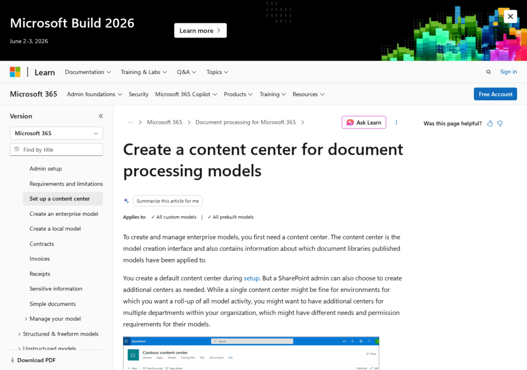 Screenshot of a Microsoft Learn webpage titled Create a content center for document processing models, with menu navigation on the left and an instructional article on setting up content centers in Microsoft 365 on the right.