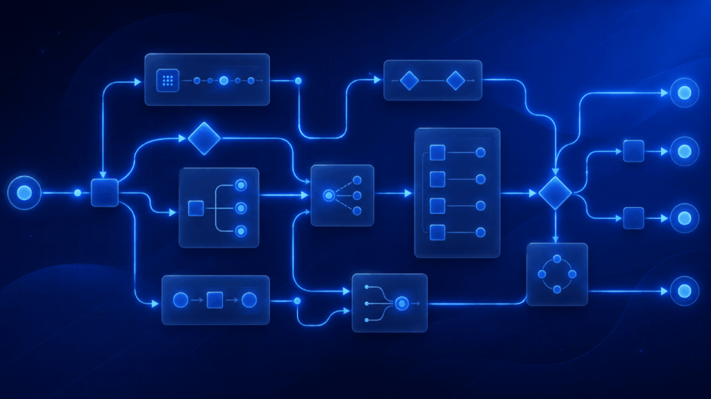 A glowing blue flowchart on a dark background, depicting various connected process boxes, decision diamonds, and arrows illustrating a complex workflow or algorithm.