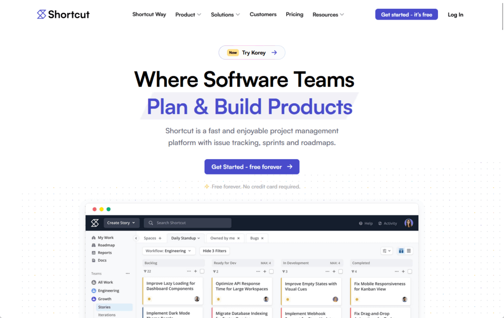 A website homepage for Shortcut, a project management platform, showing a headline “Where Software Teams Plan & Build Products” and a sample dashboard with tasks and workflow columns. The page features signup and navigation buttons.