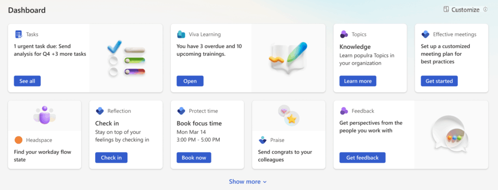 A digital dashboard displays various cards for tasks, learning, topics, effective meetings, reflection, focus time, praise, and feedback, each with brief descriptions and action buttons like Open, Learn more, and Get started.