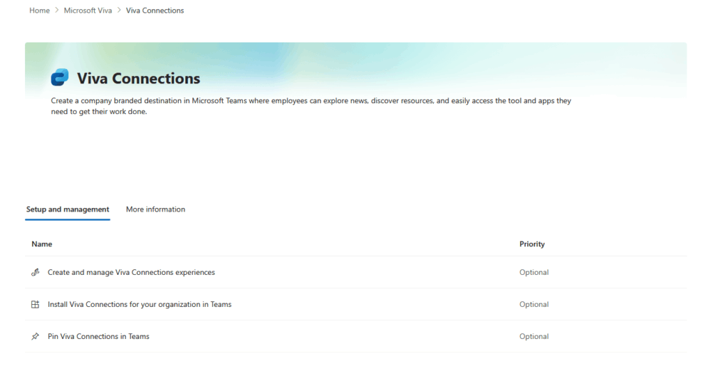 Screenshot of the Viva Connections page in Microsoft Teams, showing options: Create and manage Viva Connections experiences, Install Viva Connections for your organization in Teams, and Pin Viva Connections in Teams.