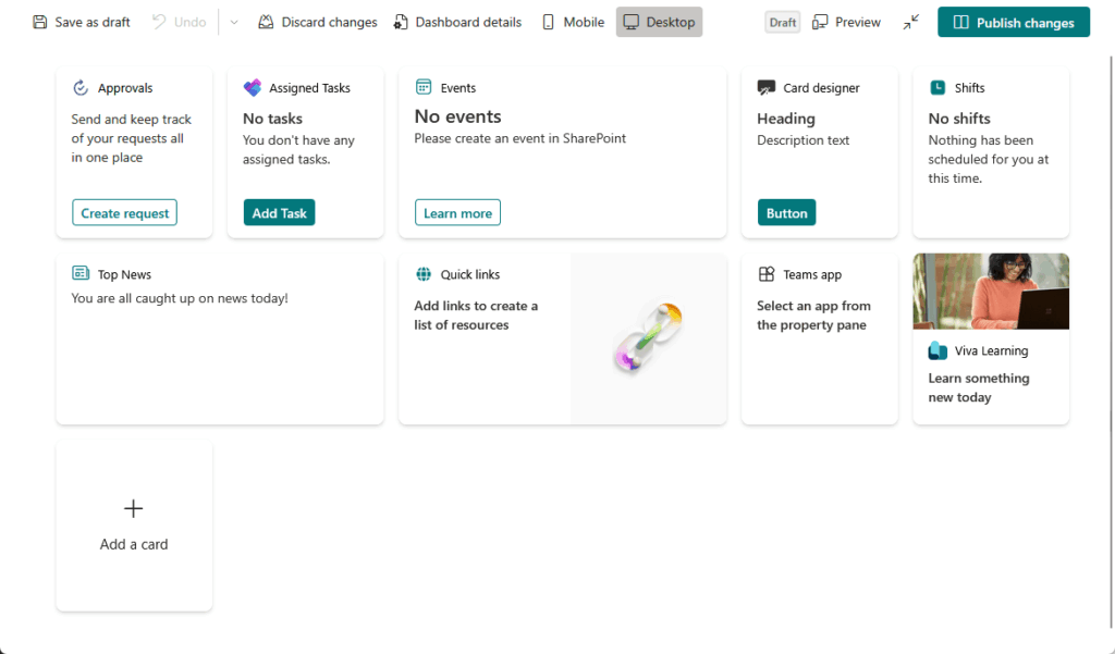A dashboard interface displaying cards for approvals, assigned tasks, events, no shifts, top news, quick links, Teams app, Viva Learning, and a card creation option. The Publish changes button is highlighted.