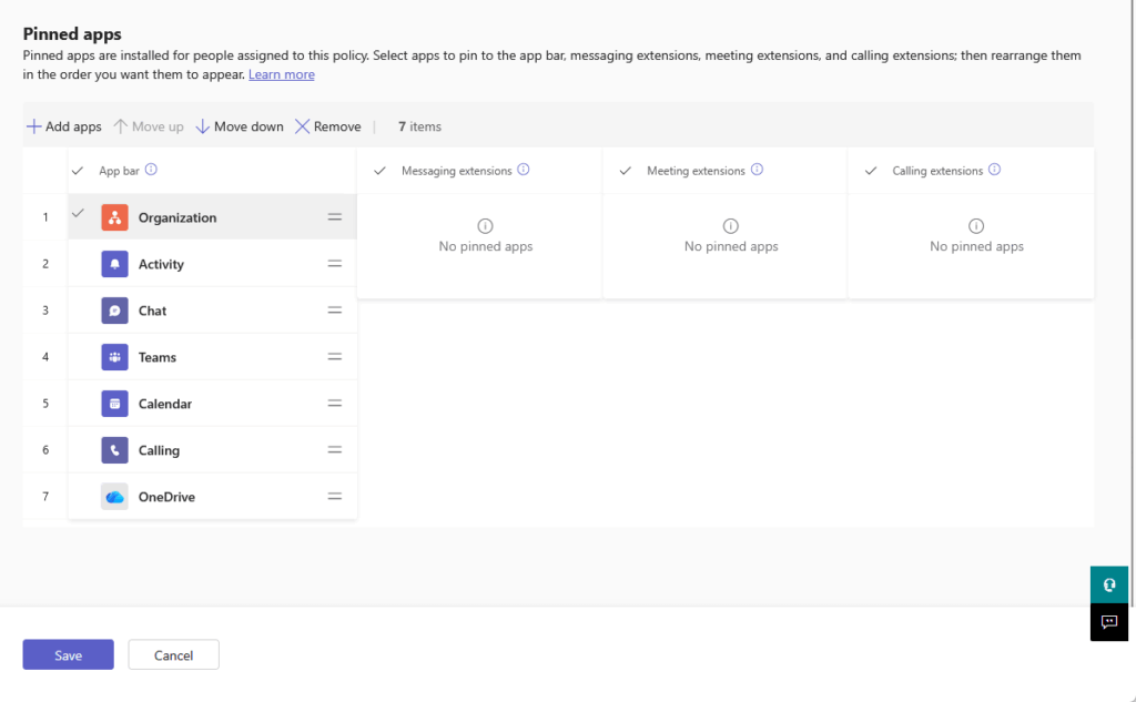 A Microsoft Teams settings page displays a list of seven pinned apps, including Organization, Activity, Chat, Teams, Calendar, Calling, and OneDrive. Options to add, move, or remove apps appear above the list.