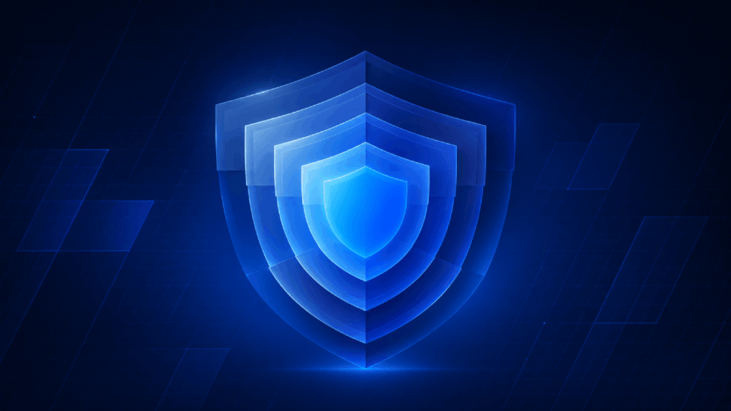 A glowing blue shield with layered, translucent segments on a dark blue digital background, symbolizing cybersecurity and protection.