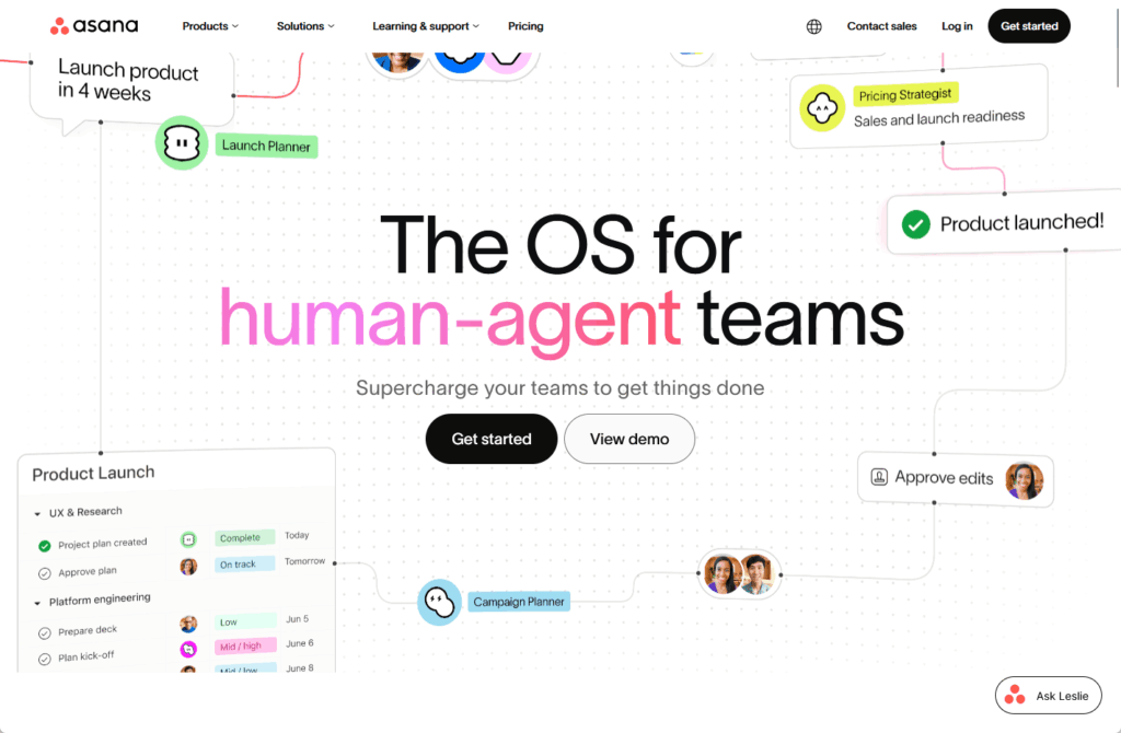 Screenshot of Asana’s website showing a project management interface. Large text reads The OS for human-agent teams. Workflow elements like Launch Planner and Product launched! connect across the page.