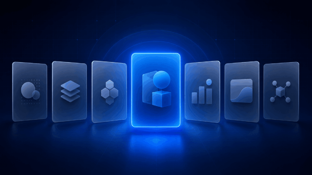 A row of six translucent digital cards with abstract technology icons; the center card glows blue, highlighting a 3D geometric symbol, while the others are dimly lit on a dark blue background.
