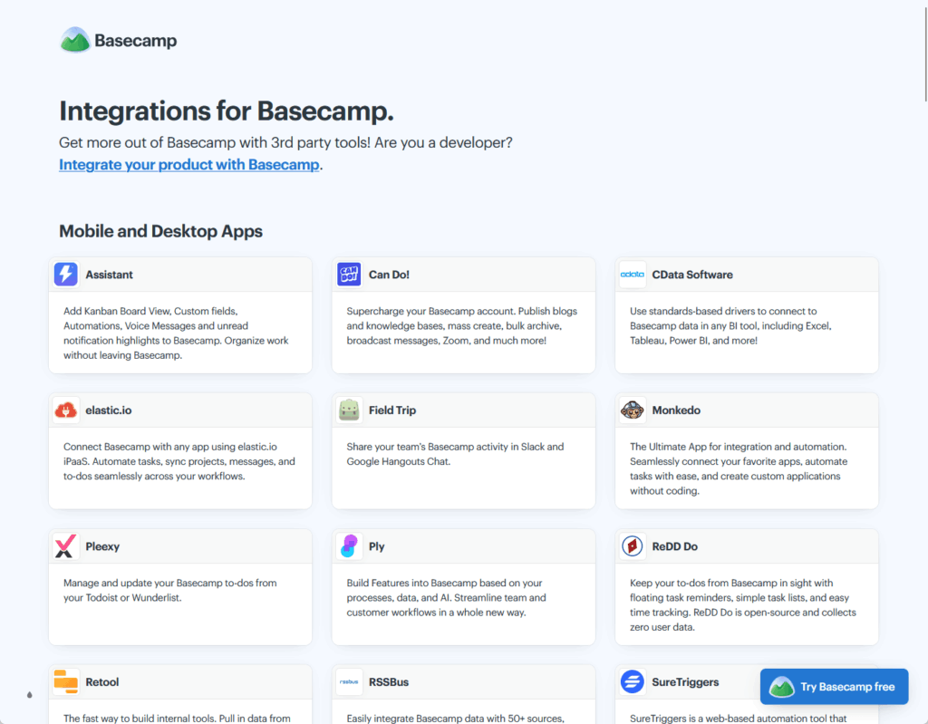 Screenshot of Basecamp’s “Integrations for Basecamp” page, displaying a grid of integration cards for various third-party and productivity tools, each with a brief description and company logo.