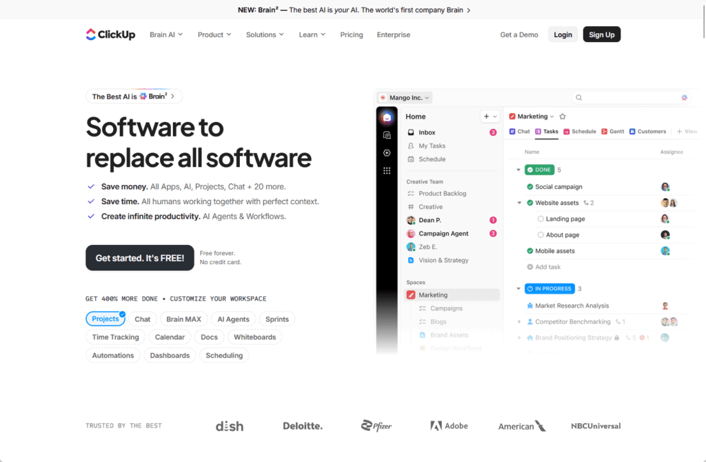 Screenshot of ClickUps homepage. The left side has a headline: Software to replace all software, with buttons and feature highlights. The right shows a desktop app interface with task lists, categories, and user avatars.
